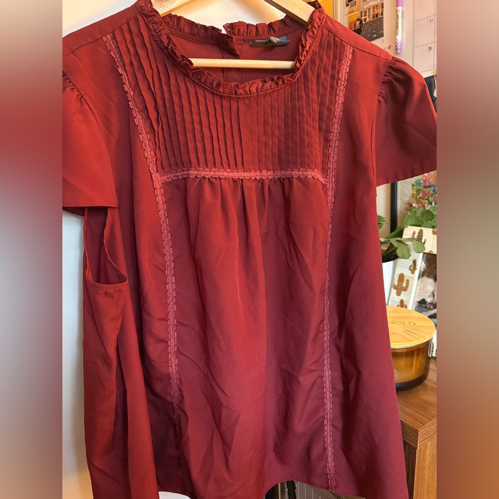 Modcloth Burgundy Pintuck Lace Trim Short Sleeve Blouse